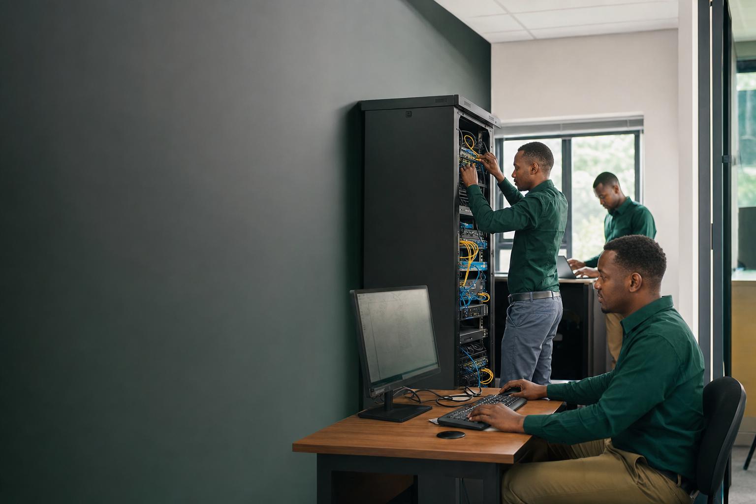 African IT engineers configuring secure school network infrastructure