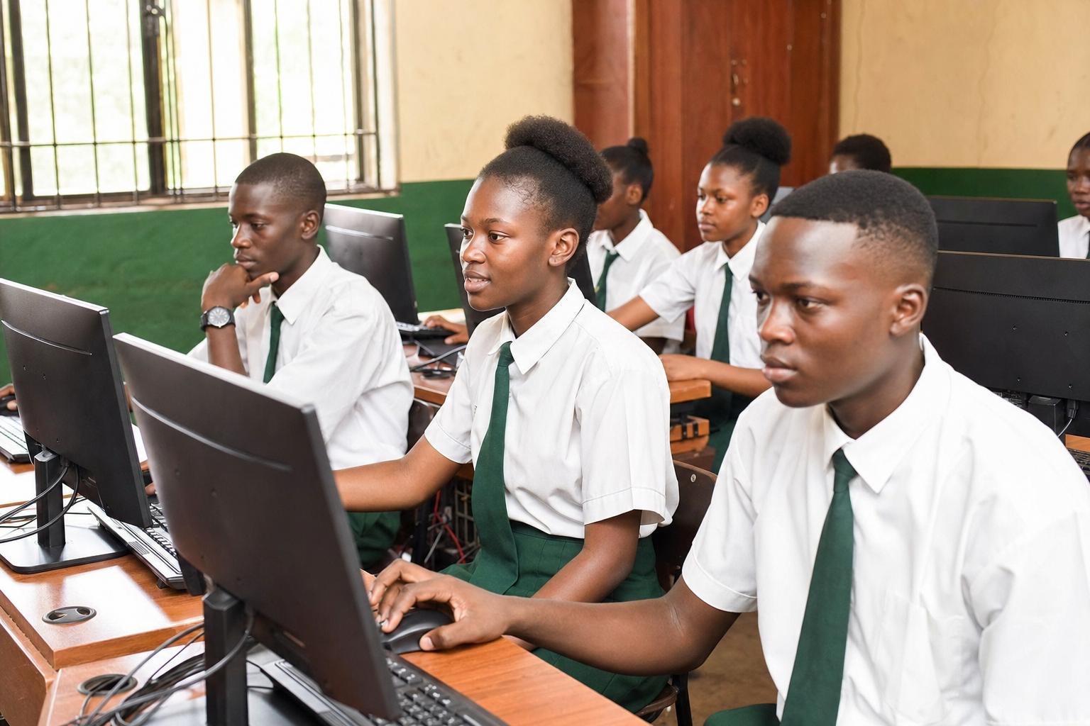 Ugandan students learning with desktop computers in a school laboratory