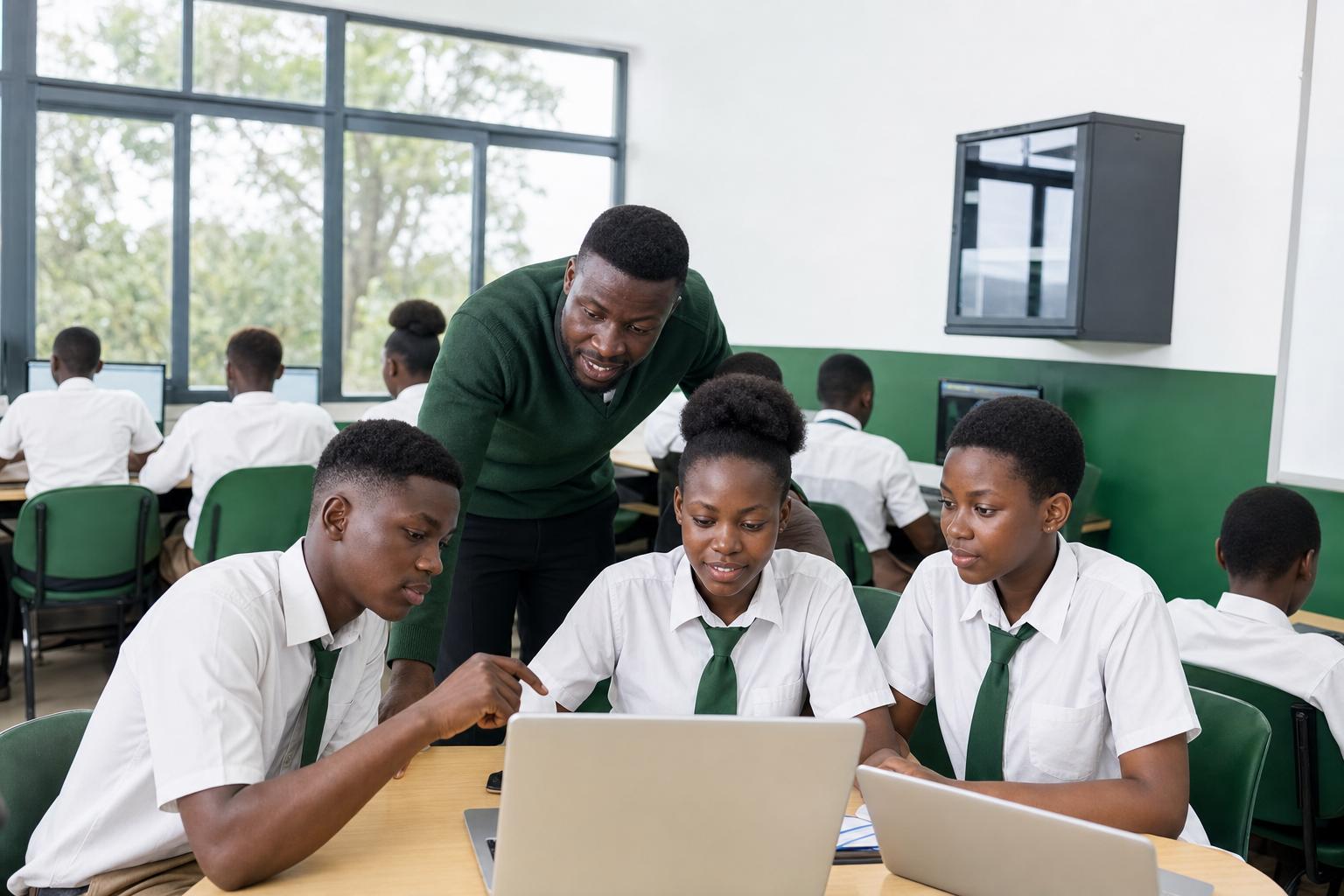 Teacher guiding students through collaborative digital learning