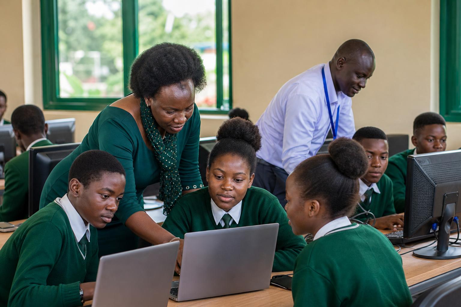 Teacher guiding students through connected cloud-enabled digital learning