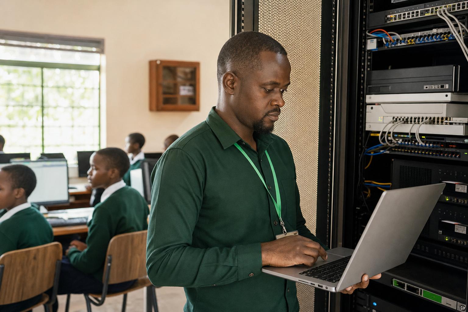 Cybersecurity specialist checking secure school network infrastructure